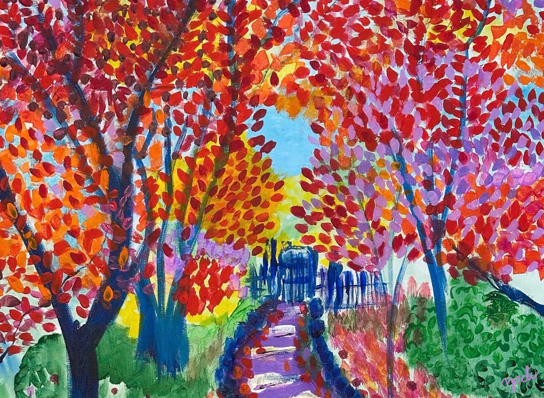 A vivid autumn garden path winds beneath arching trees filled with red, orange, pink, and purple leaves. Purple steps lead toward a distant blue gate, while bright green shrubs and scattered foliage frame the path. The painting feels joyful & welcoming.